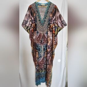 Vibrant Teal Pattern Turquoise Bohemian Print Kaftan Resort Dress